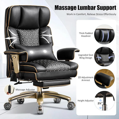 Big Tall Executive Office Chair 500lbs, Comfortable PU Leather Desk Chair with Footrest Adjustable Air Back Support, Lumbar Mass