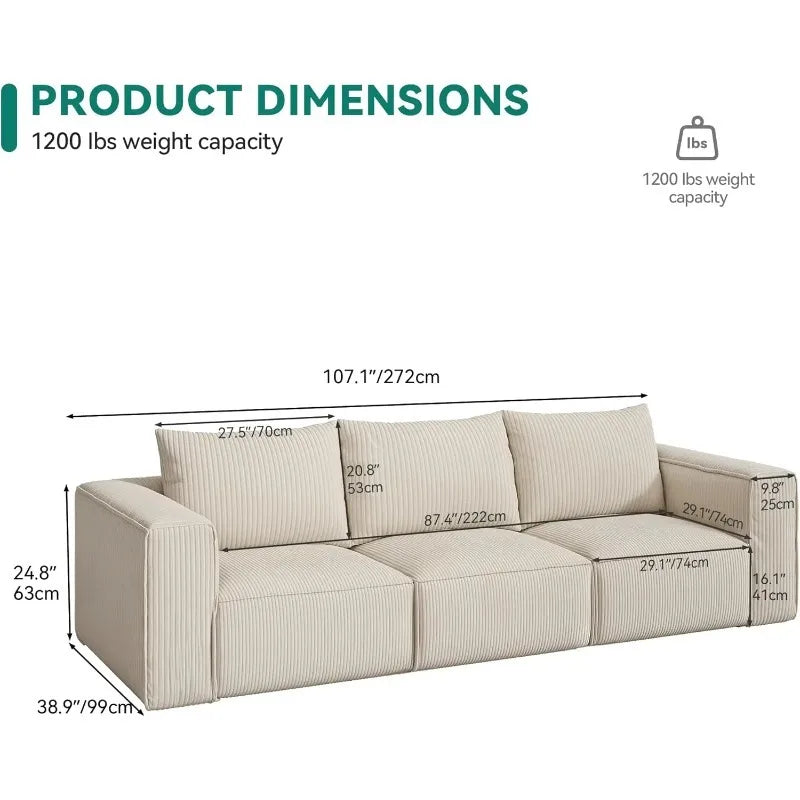 Luxurious 3-Seat Deep Modular Sectional Sofa with Cloud Comfort and 3 Pillows in Corduroy for Living Spaces and Apartments