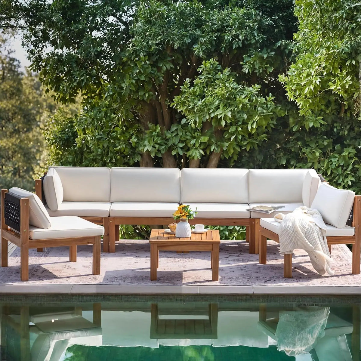 7 Piece Outdoor Acacia Wood Sectional Sofa Set Cushioned Conversation Furniture for Garden Backyard Poolside, Customized