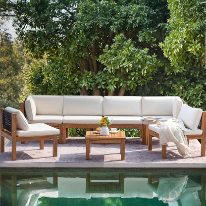 7 Piece Outdoor Acacia Wood Sectional Sofa Set Cushioned Conversation Furniture for Garden Backyard Poolside, Customized