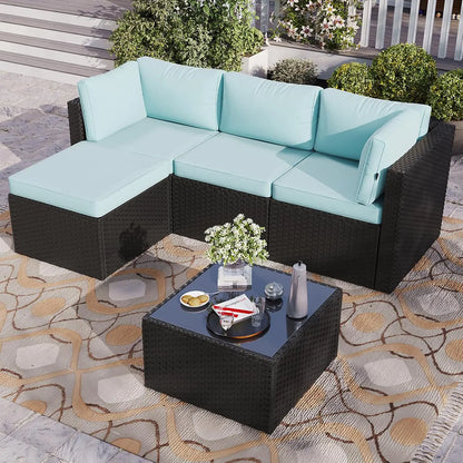 5-Piece Outdoor Sectional Sofa with Washable Cushion, Wicker Rattan Patio Conversation Set for Backyard Porch Poolside, Custom