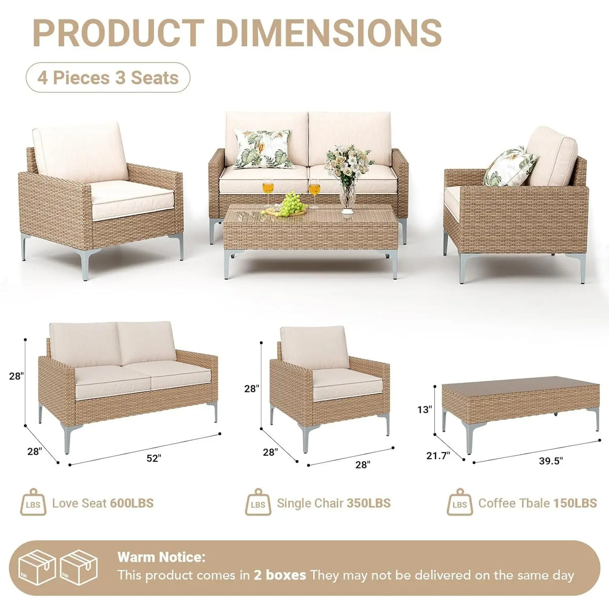 4-Piece Outdoor Sectional Sofa Set, All-Weather Wicker Patio Furniture with L/R armrest & Tempered Glass Table,, Customized