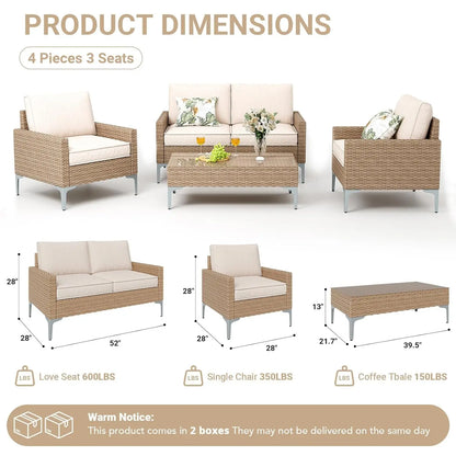 4-Piece Outdoor Sectional Sofa Set, All-Weather Wicker Patio Furniture with L/R armrest & Tempered Glass Table,, Customized