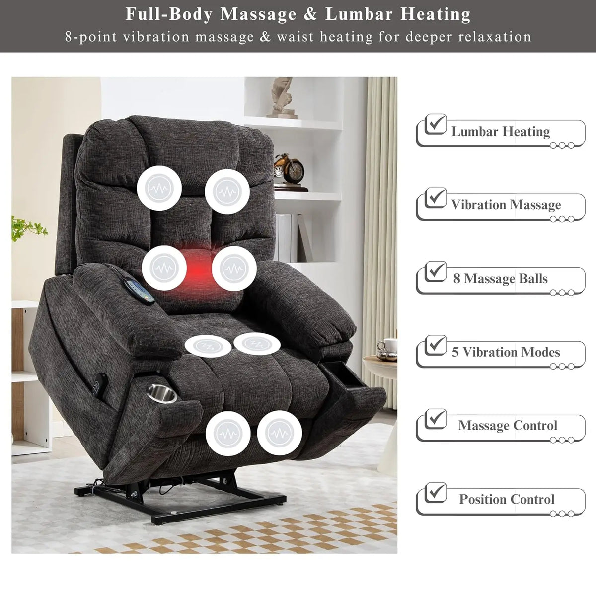 Dual Motor Power Lift Recliner for Elderly Adults with Heat Massage Lay Flat Feature Wireless Remote Cup Holder Customizable