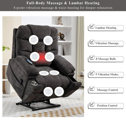 Dual Motor Power Lift Recliner for Elderly Adults with Heat Massage Lay Flat Feature Wireless Remote Cup Holder Customizable