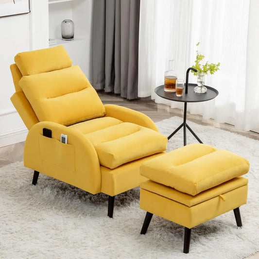 Yellow Velvet Oversized Lounge Chair with Ottoman and Adjustable Backrest for Living and Bedroom Comfort