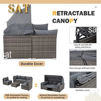 Y 6 Pieces Patio Furniture Sets, Rattan Daybed with Retractable Canopy, Outdoor Sectional Sofa Set with Adjustable Backrest