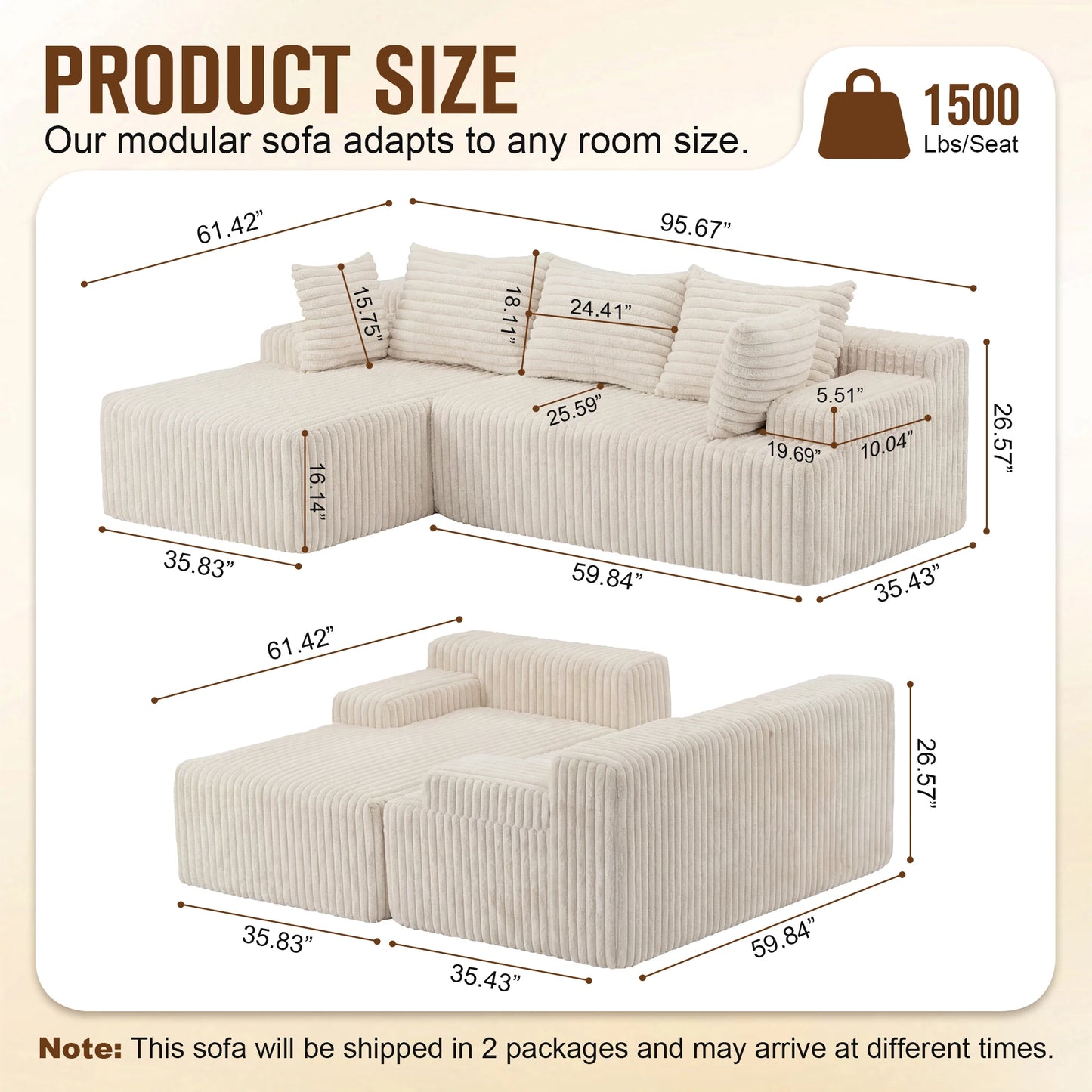 Redlife L-Shape Corduroy Sectional Sofa,Cloud-Like Couch,Boneless Couches, No Assembly Required,Deep Seat, for Living Room