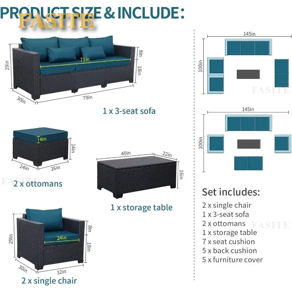 Patio Furniture Sets,  6 Pieces Couch Outdoor Chairs Coffee Table Peacock Blue Anti-Slip Cushions, Outdoor Furniture Sets