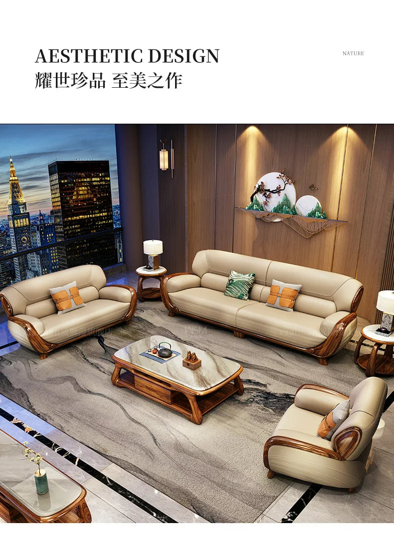 A71Chinese ebony leather sofa modern simple solid wood villa living room leather sofa