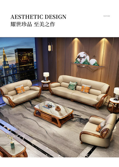 A71Chinese ebony leather sofa modern simple solid wood villa living room leather sofa