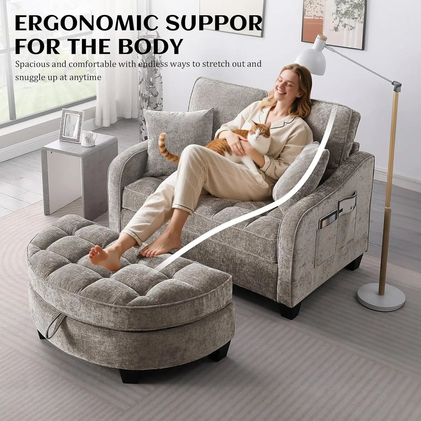 Oversized Curved Chaise Lounge Chair Indoor with Ottoman, 54.8" Cloud Reading Chair Soft Chenille Circle, Customized