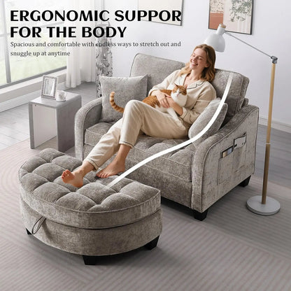 Oversized Curved Chaise Lounge Chair Indoor with Ottoman, 54.8" Cloud Reading Chair Soft Chenille Circle, Customized