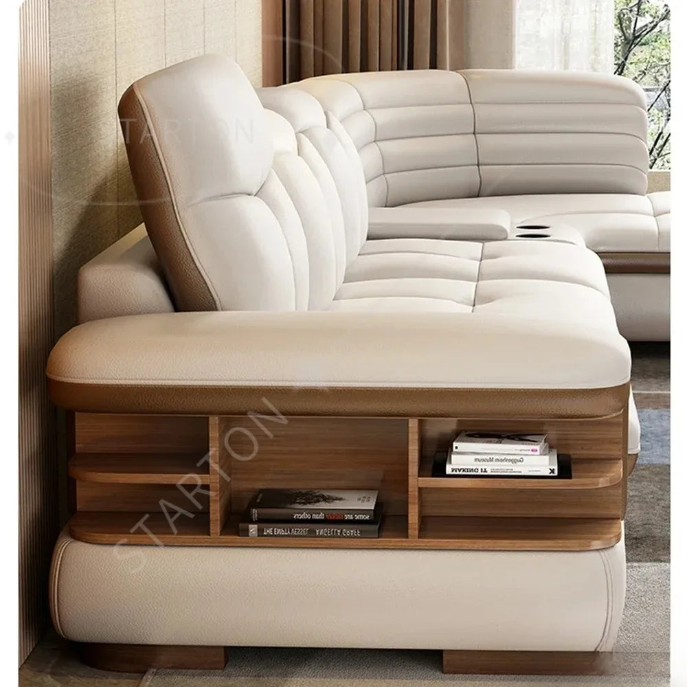 L-Shaped Genuine Leather Sectional Sofa Sets with USB, Bluetooth Speaker