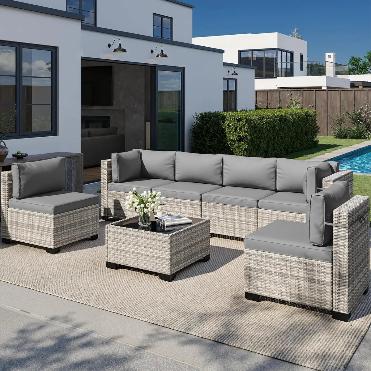 Outdoor Patio Furniture Set: 7-Piece PE Wicker Rattan Sectional Sofa with Tempered Glass Table and Plush Cushions