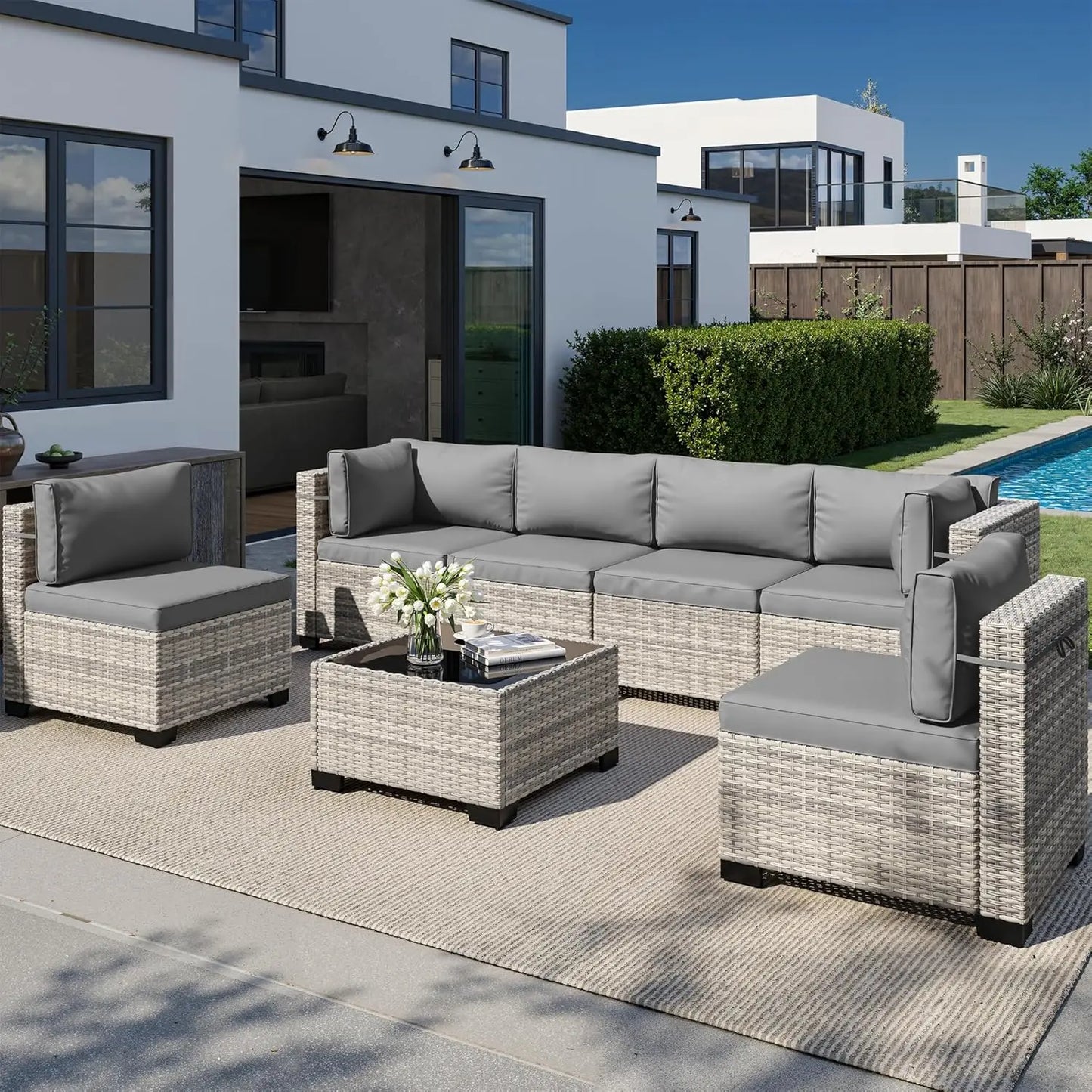 Outdoor Patio Furniture Set: 7-Piece PE Wicker Rattan Sectional Sofa with Tempered Glass Table and Plush Cushions