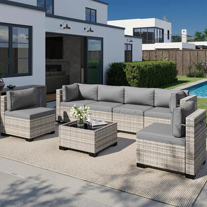 Outdoor Patio Furniture Set: 7-Piece PE Wicker Rattan Sectional Sofa with Tempered Glass Table and Plush Cushions