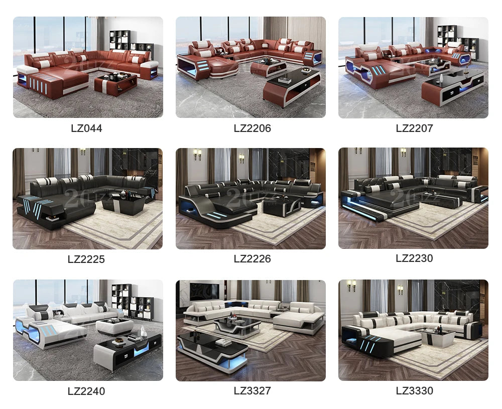 Modern Design Leather Couch Sectional Living Room Sofa Set Furniture with LED