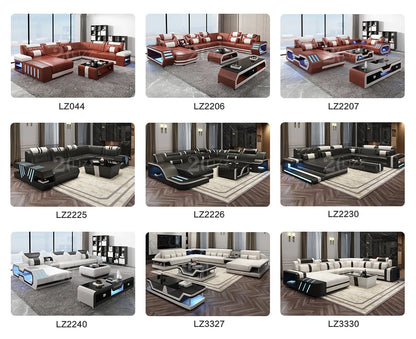 Modern Design Leather Couch Sectional Living Room Sofa Set Furniture with LED