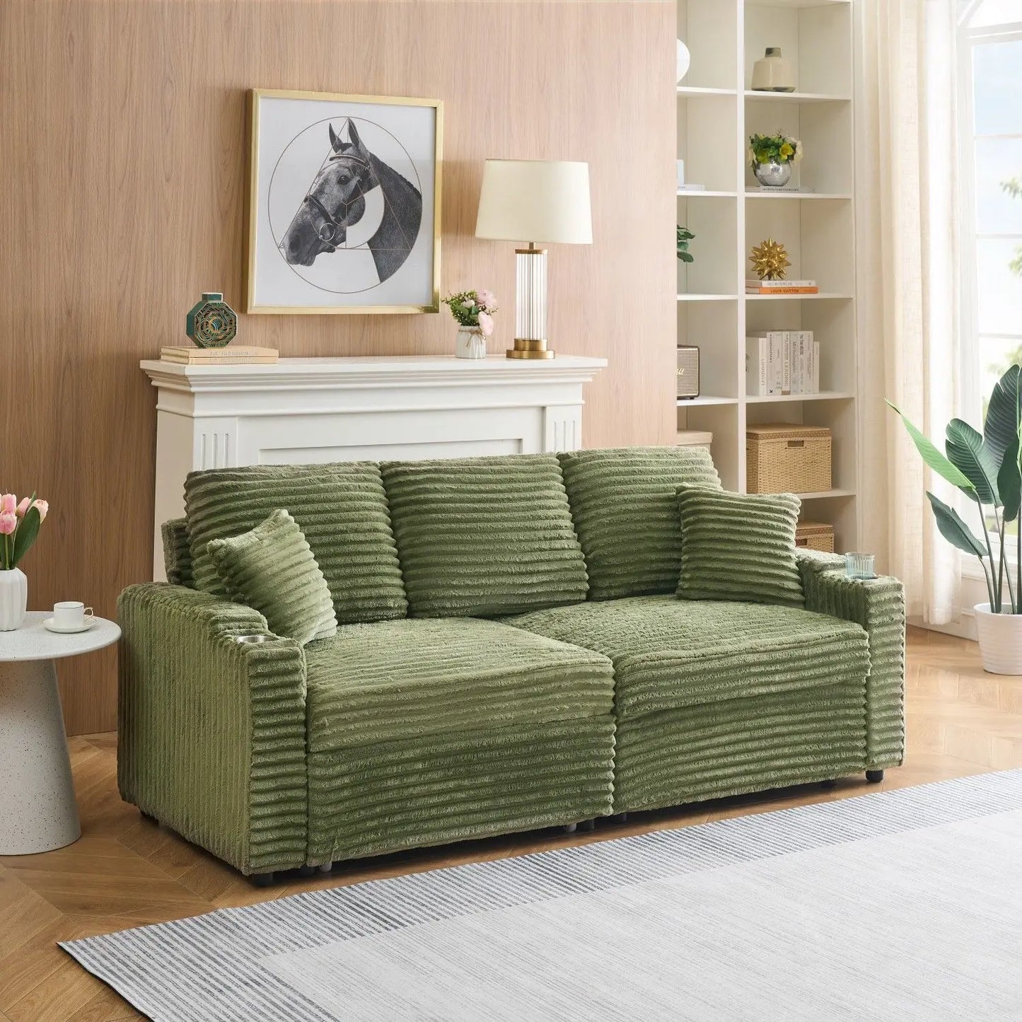 80-Inch Two-in-One Folding Chaise Lounge Corduroy Fabric Hidden Lying Function Cup Holder Pillow Easy-to-Adapt Green for Living