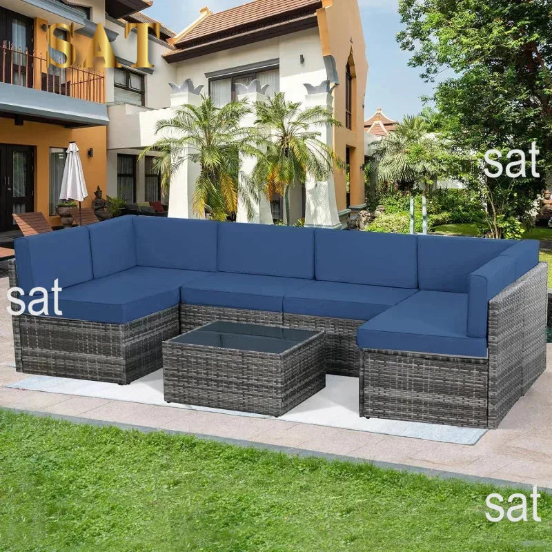 Piece Patio .Rattan Gray Wicker Outdoor Sectional Furniture Chair Set with