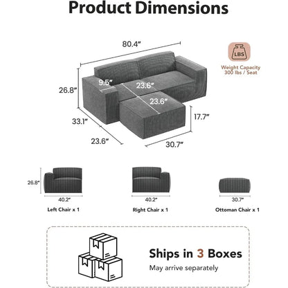 80 L Shaped Sofa Modular, Corduroy  Couches with Deep Seats &High-Back, Upholstered Couches for Living Room Bedroom