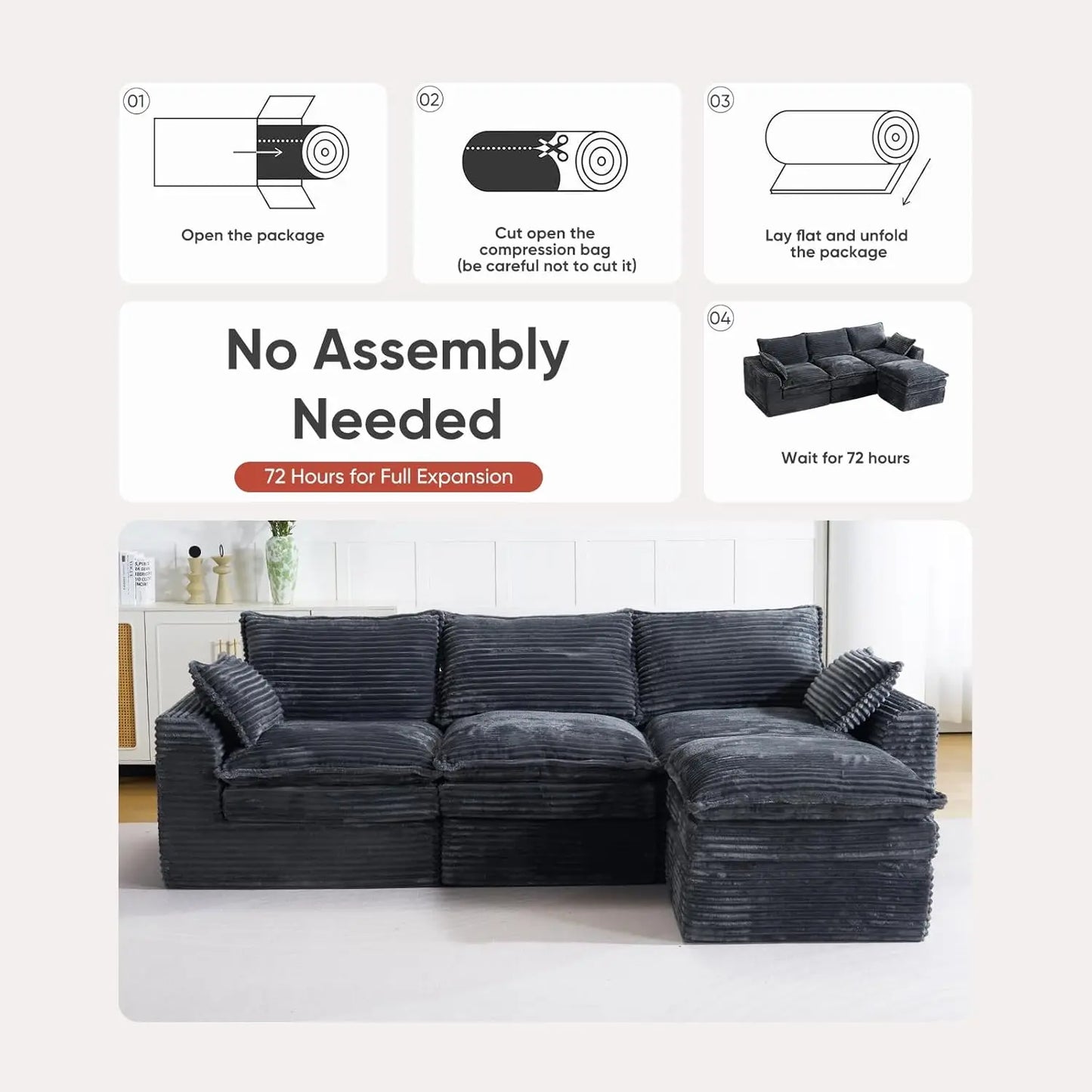 113" Cloud Sectional Boneless Couch for Living Room, Modern Modular Sectional Sofa Deep Seat with Ottoman,, Customized