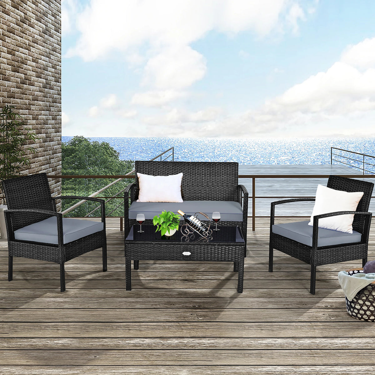 4pcs Outdoor Patio Rattan Wicker Set Table Sofa Cushioned Deck Black