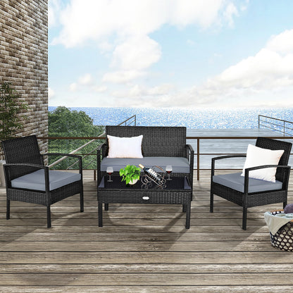 4pcs Outdoor Patio Rattan Wicker Set Table Sofa Cushioned Deck Black