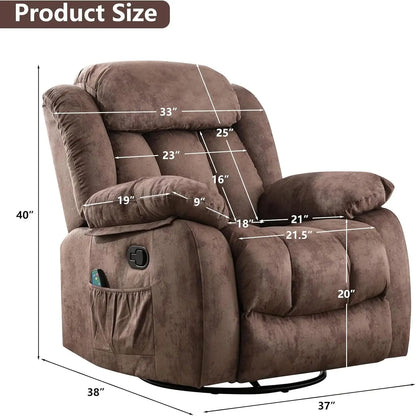 Massage Rocker Recliner with Heat and Vibration, 360 Degree Swivel Manual Antiskid Fabric Single Sofa Heavy Duty Reclining Chair