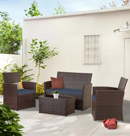 Patio Outdoor Furniture 4 Pieces Sectional Sofa Set Balcony Furniture Wicker Rattan Chairs with Table and Loveseat for Garden