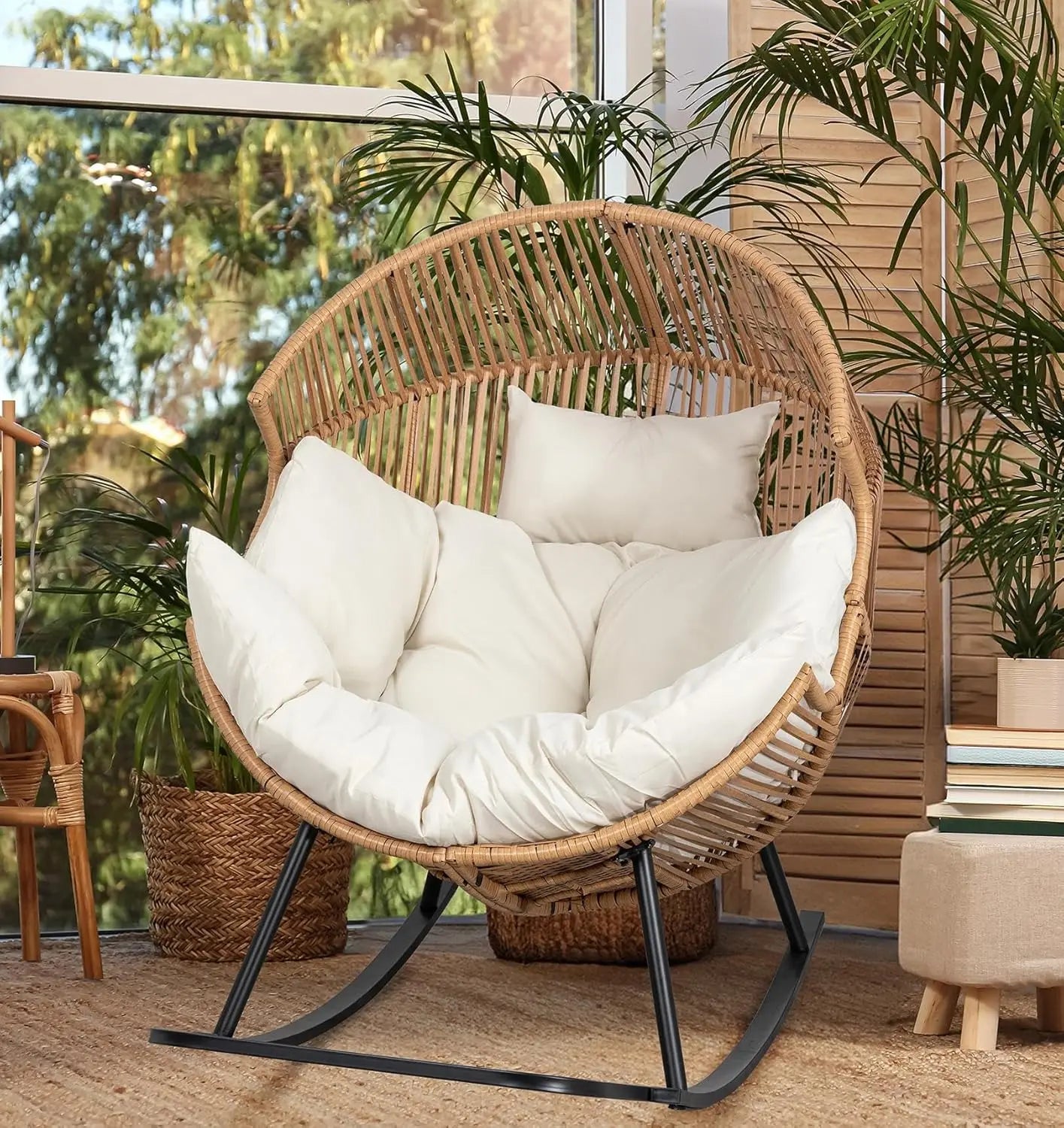 Outdoor Egg Chair with Cushion, Wicker Rocking Lounger for Patio, Living Room, Bedroom, Balcony in Beige