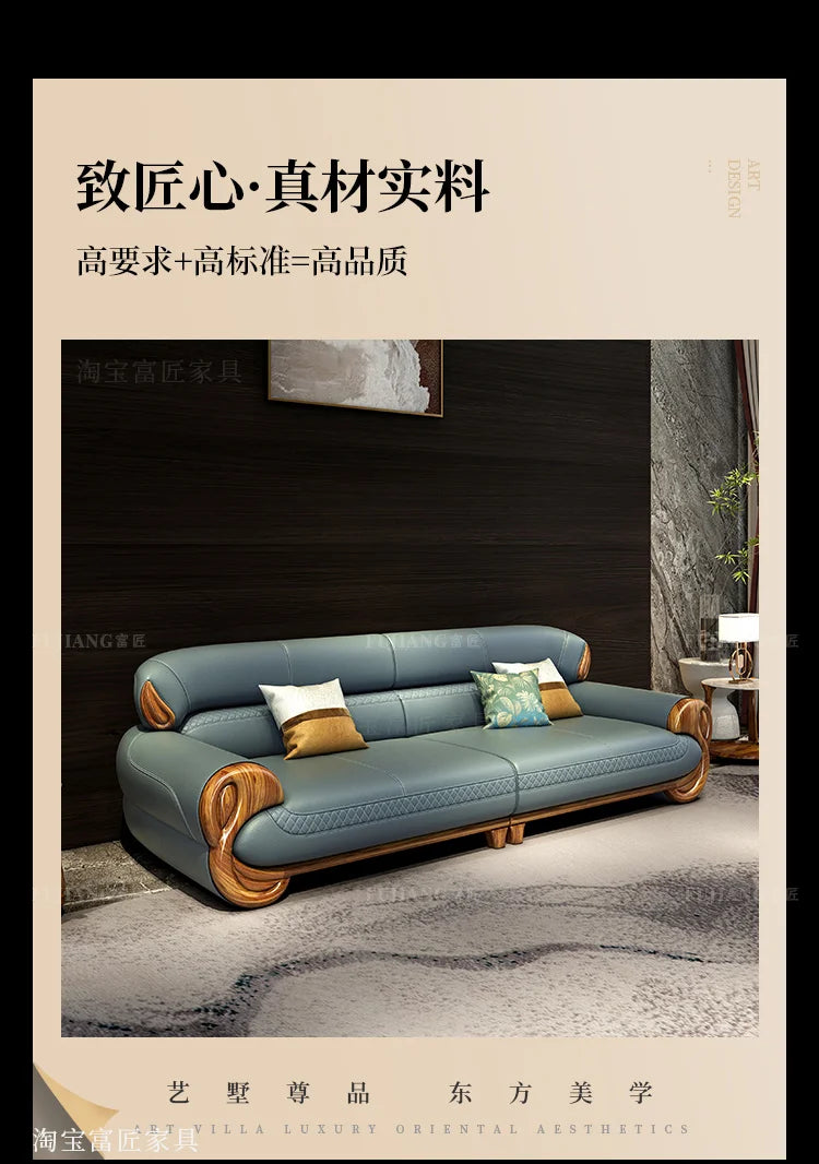 Ebony leather sofa living room new Chinese villa modern light luxury high-end sofa combination