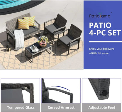 4pcs Outdoor Patio Furniture Set, Outdoor Wicker Conversation Set, Patio Rattan Chair Set, Modern Bistro Set with Coffee Table