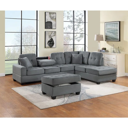 Dark Gray Plush Microfiber Living Room Furniture 3PCS Reversible Sectional Sofa Set Sofa w Cup Holder Reversible Chaise And Sto