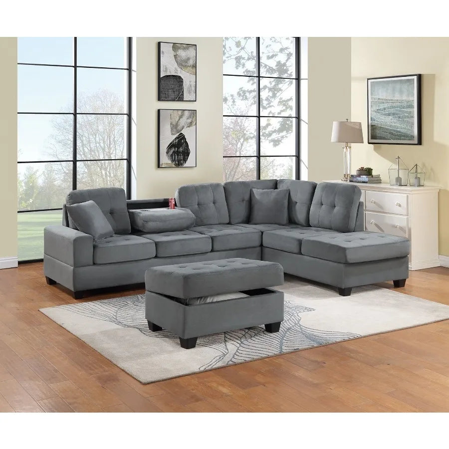 Dark Gray Plush Microfiber Living Room Furniture 3PCS Reversible Sectional Sofa Set Sofa w Cup Holder Reversible Chaise And Sto