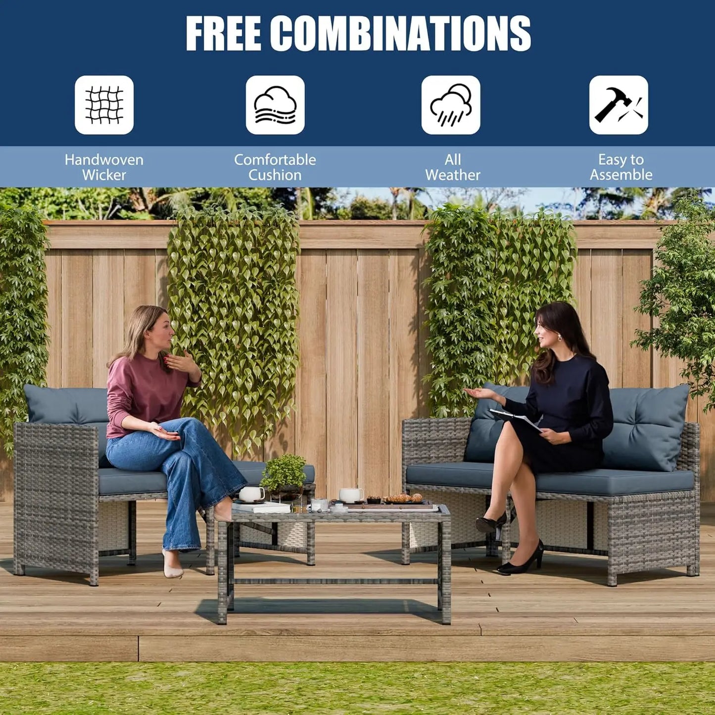 o Furniture Sets, All-Weather Wicker Outdoor Sofa Couch Sectional Set, Small Conversation Set for Patio, Garden w/Cushion, Glass