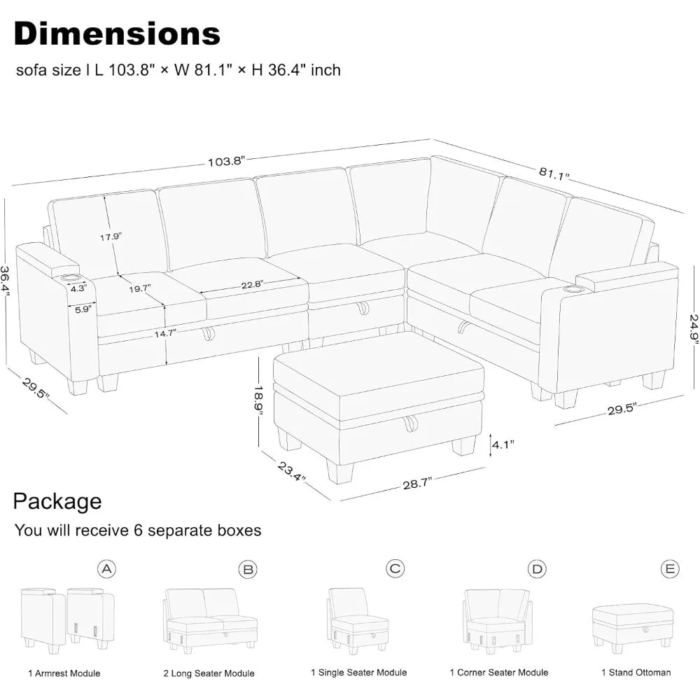 Sofa Convertible L Shaped Corner Couches for Living Room with Storage Armrest with Cup Holder Dark G