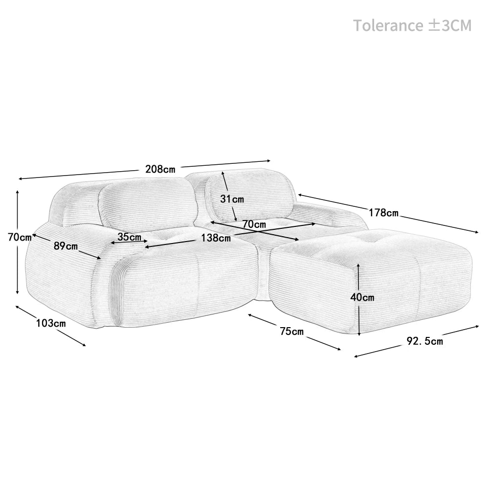82'' Corner Sofa in Soft Cord Fabric, Modular Combined with Curved Armrests, Without Mounting, Highly Elastic Foam Upholstery