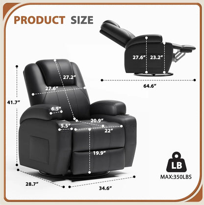 360° Swivel Recliner Chair with Vibration Massage, Ergonomic Lounge Rocker for Adults, Cup Holders & Side Pockets