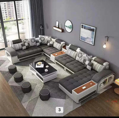 U-Shaped Sectional Fabric Sofa Set - Modern Living Room Furniture with Storage, and Cushions