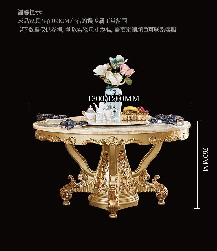 A07 European dining table and chair combination glass surface classical luxury solid wood carving flower round table with turnta