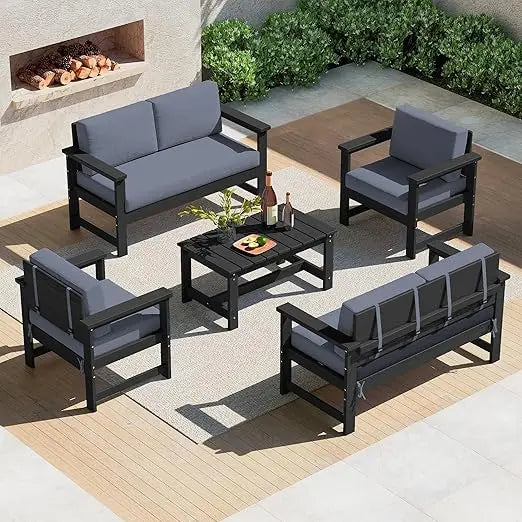 5 Pieces HDPE Outdoor Sofa Set with Cushions, All Weather Use Patio Conversation Couch Loveseat Furniture with Coffee Table for