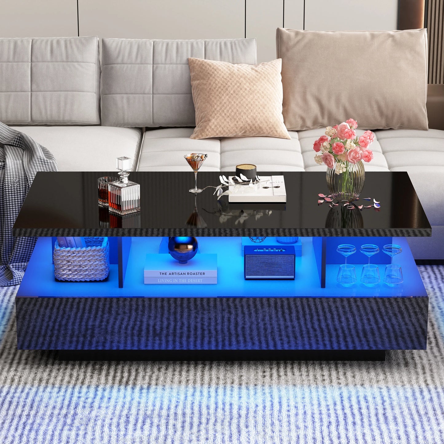 43 Inch LED Coffee Table w/2 Storage Drawers, Modern High Gloss Coffee Table w/Display Shelf, Rectangle 2-Tier Center Table
