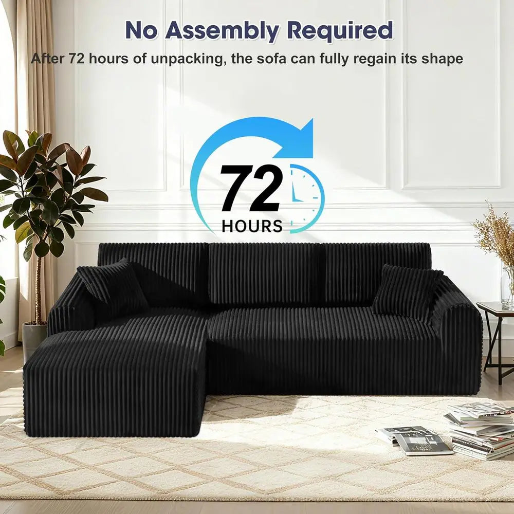 Black Corduroy L-Shaped Sofa with Chaise, Deep Seating, No Assembly Needed for Living Room or Bedroom