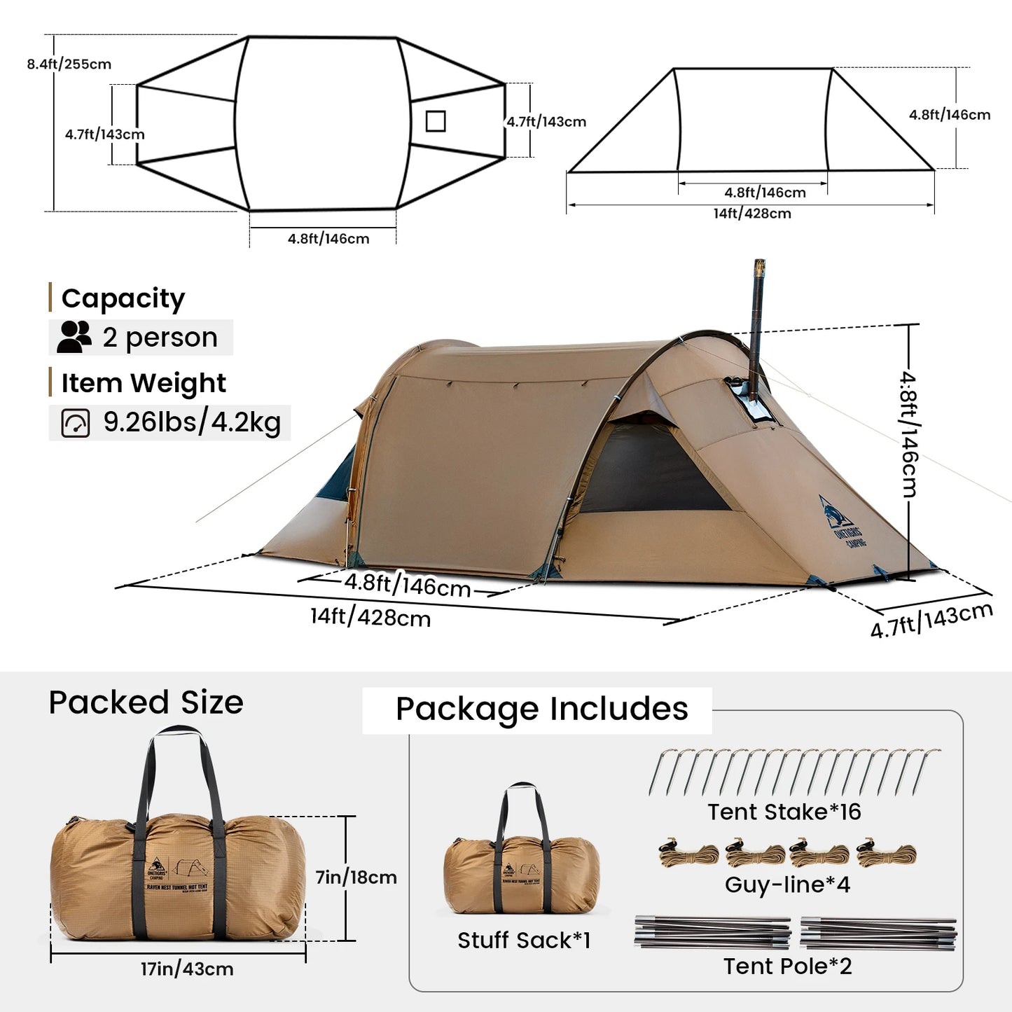 OneTigris Raven Nest Tunnel Hot Tent 2 Person Camping Shelter with Stove Jack 4 Season Waterproof Tent for Backpacking Bushcraft