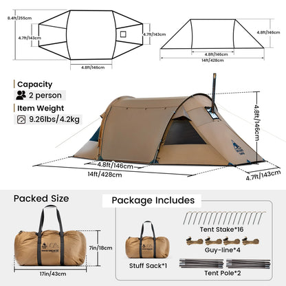 OneTigris Raven Nest Tunnel Hot Tent 2 Person Camping Shelter with Stove Jack 4 Season Waterproof Tent for Backpacking Bushcraft