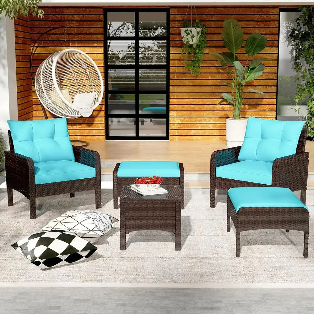 5-Piece Outdoor Patio Furniture Set with PE Rattan Chairs, Ottoman, and Table, Ideal for Porch, Garden, Backyard, Balcony, Brown
