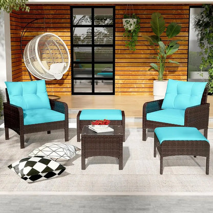 5-Piece Outdoor Patio Furniture Set with PE Rattan Chairs, Ottoman, and Table, Ideal for Porch, Garden, Backyard, Balcony, Brown