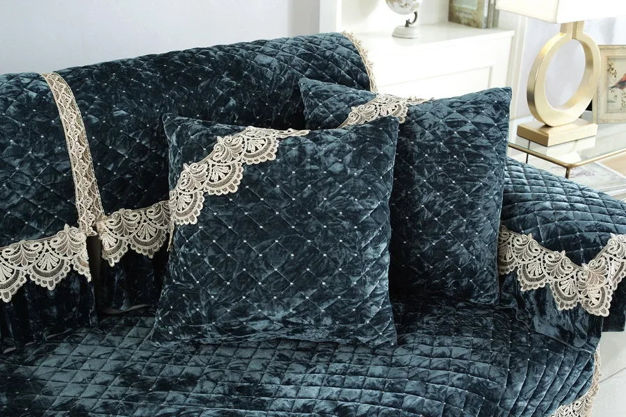 Embroidery Lace Sofa Cushion Gold Velvet Hemline Sofa Cover Autumn Winter European Couch Cover Solid Color Checkered Sofa Mat